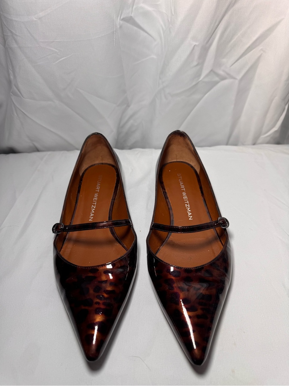 Stuart Weitzman Leopard Print Brown Patent Mary Jane Pointed Flats
